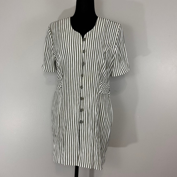 Miss Dorby Vintage Green White Striped Button Front Layered Dress Sz 12 - Picture 2 of 11